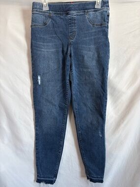 SPANX Dark Blue Stretch Skinny Jeggings with Subtle Distress